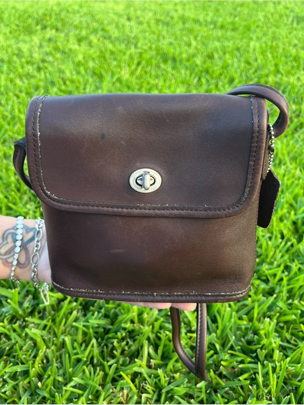 Coach Dark Brown Leather Mini Crossbody with Silver Turn-Lock